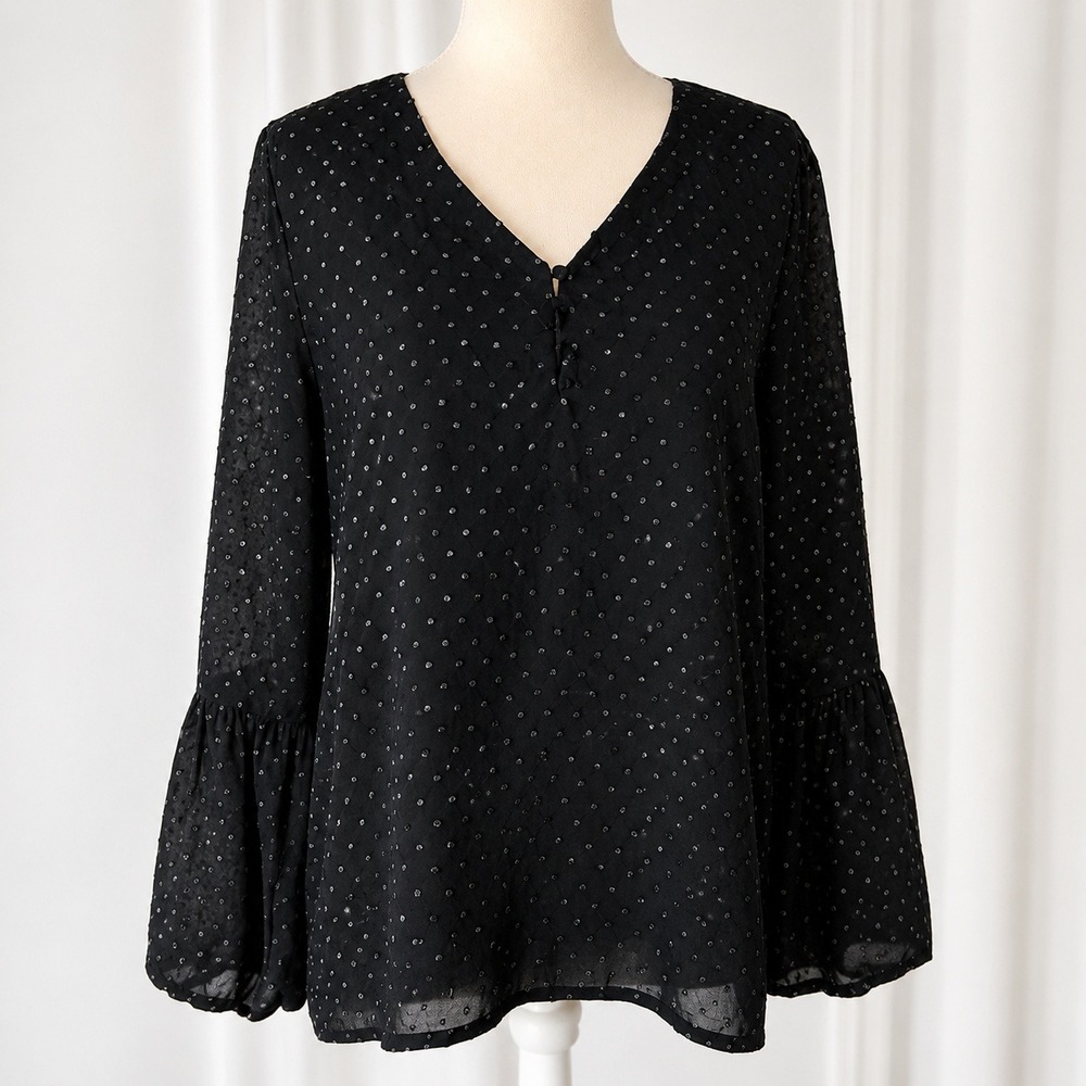 Maurices Womens Medium Black Swiss Dot Sheer Blouse‎ Bell Sleeve V-Neck Top M